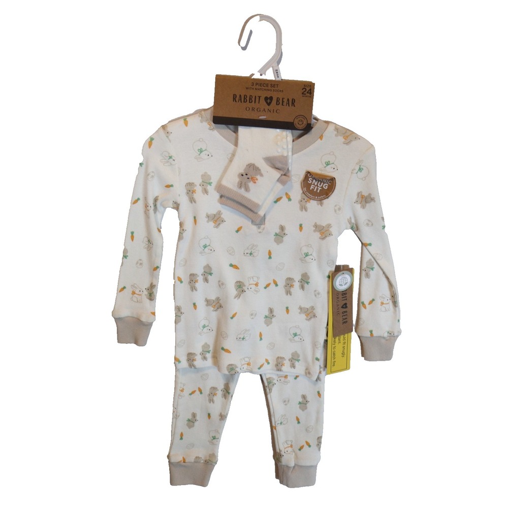 Rabbit + Bear Organic 3 Piece Set 24 Months Bunny Carrot Pajamas Socks NWT